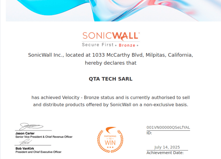 QTA TECH devient partenaire officiel Bronze de SonicWall